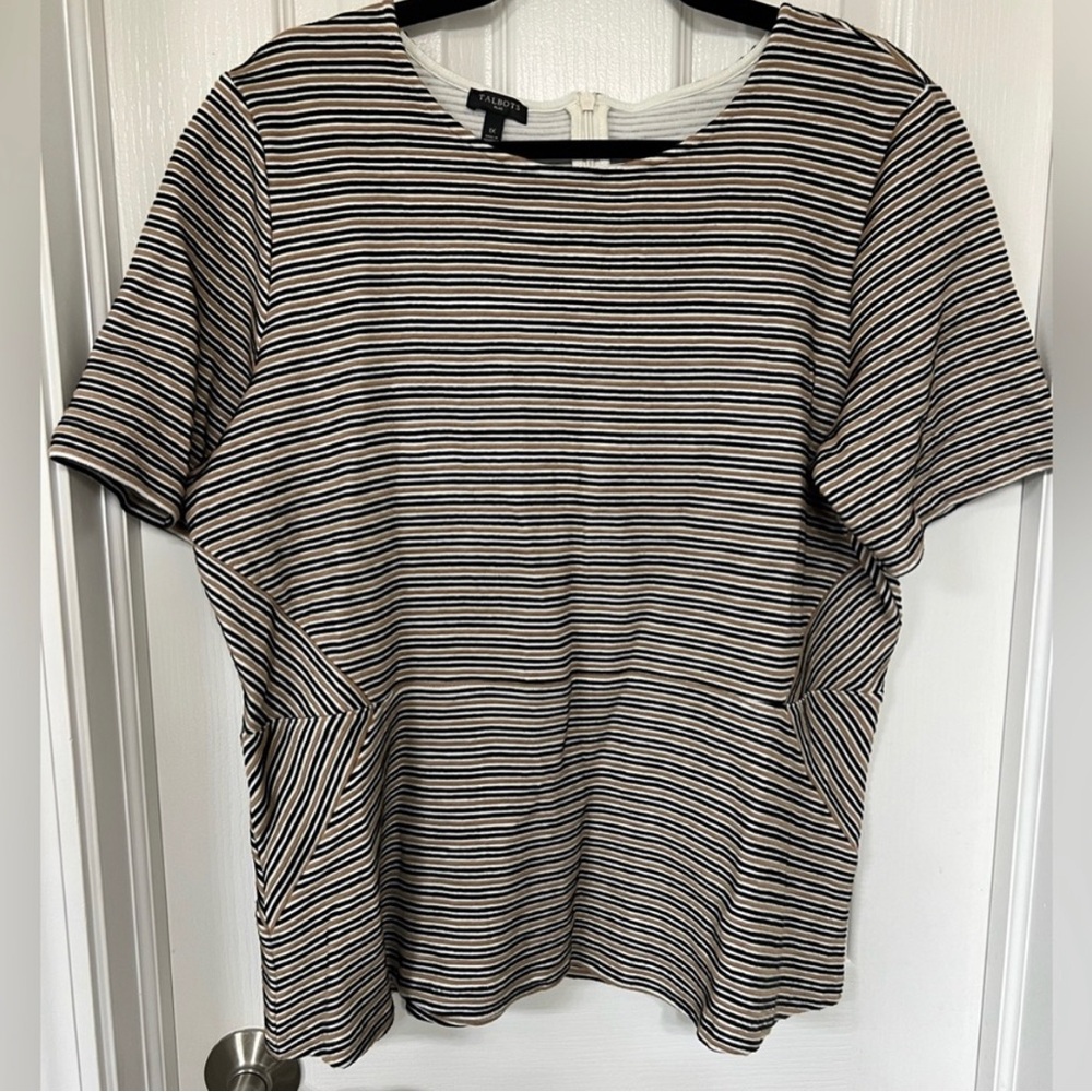 Talbots Plus Black and Tan Striped Short Sleeve Peplum Top Size 1X